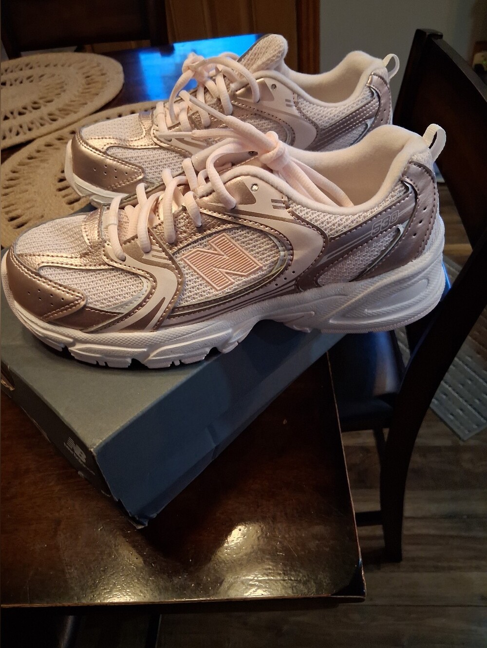New Balance Women's White and Pink Metallic Athletic Sneakers